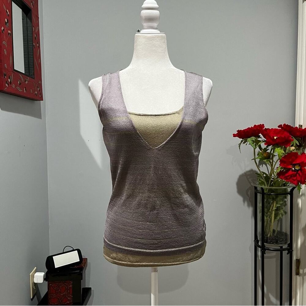 NEW Max Studio Rayon Two Tone Contrast Striped Semi Sheer Knit Sleeveless Top M